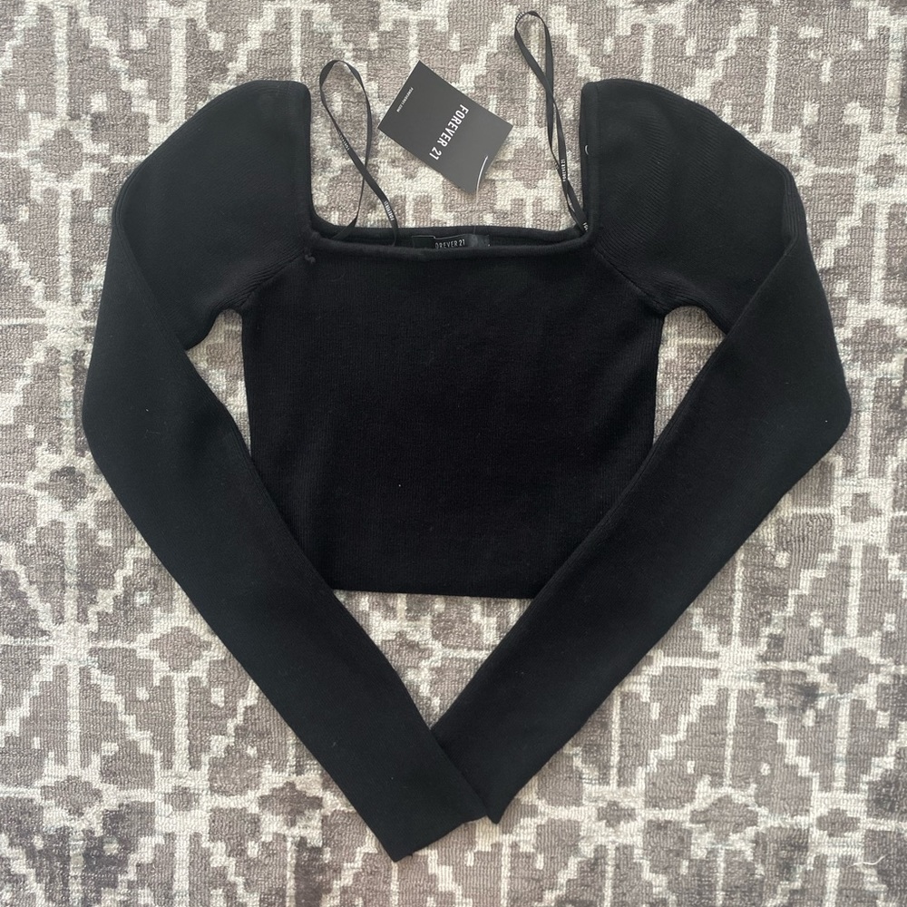 NWT Forever 21 S black crop sweater square neckline
